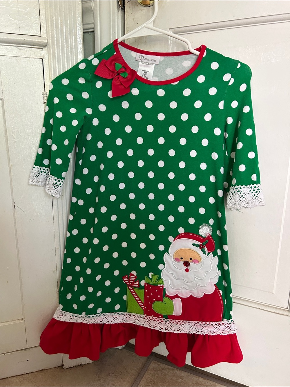 Bonnie Jean Green and White Polka Dot Holiday Dress with Red Trim